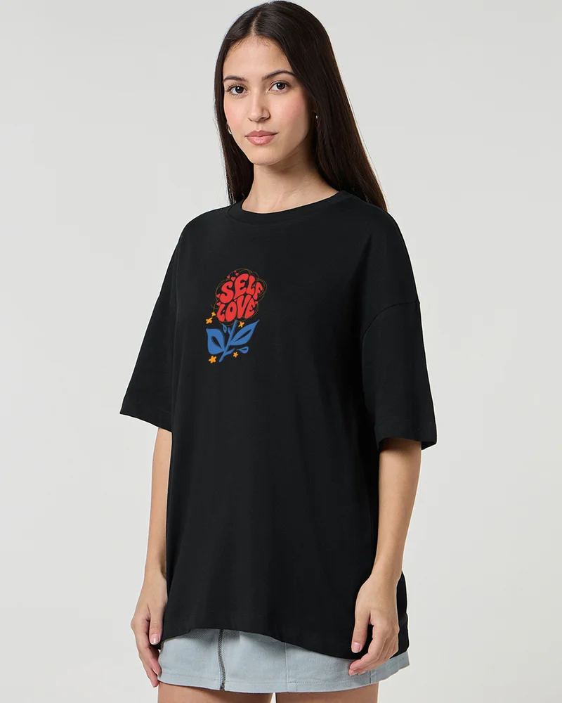 بيواكوف Women's Black Self Love Graphic Printed Oversized T-shirt
